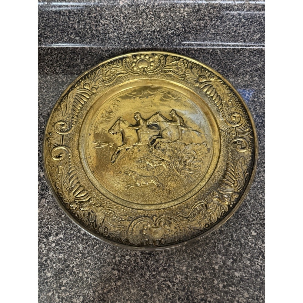Vintage Embossed Brass Wall Plate Decorative Plate Made in England Horse & Plow - Picture 9 of 16